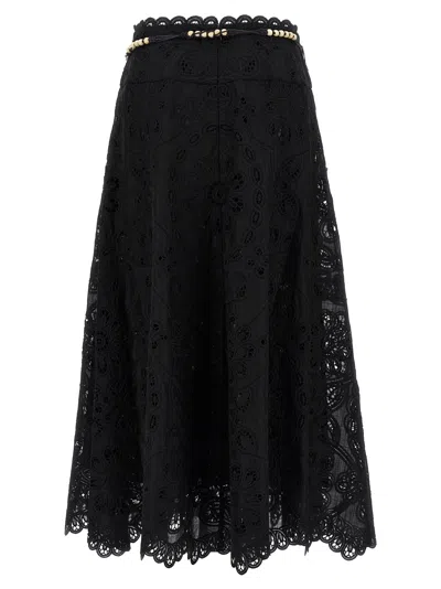 Zimmermann Flared Midi Skirt With Embroidered Openwork Design In Black