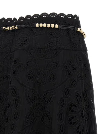 Zimmermann Flared Midi Skirt With Embroidered Openwork Design In Black