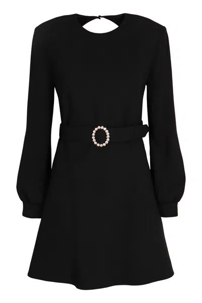 Saint Laurent Wool-cotton Belted A-line Mini Dress In Black