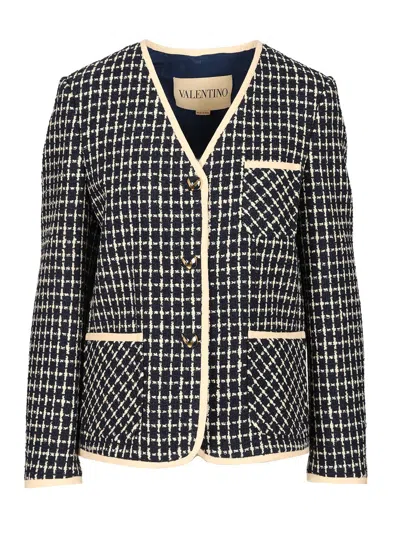 Valentino Boucle Wool Blend Jacket With Contrast Trim In Blue