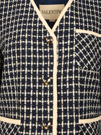 Valentino Boucle Wool Blend Jacket With Contrast Trim In Blue