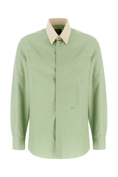 Fendi Contrast-collar Logo-embroidered Shirt In Green