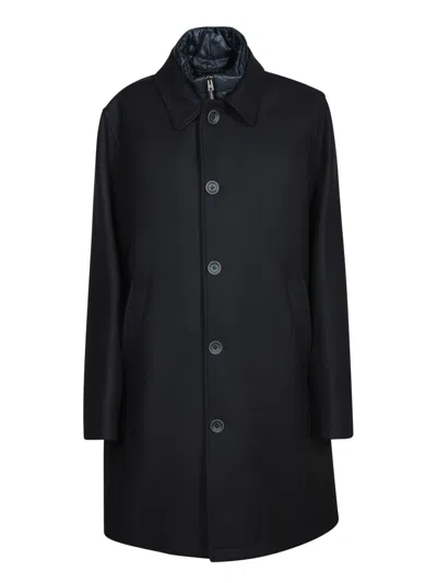 Herno Dark Blue Wool Blend Coat With Removable Lining And Classic Lapel In Blue