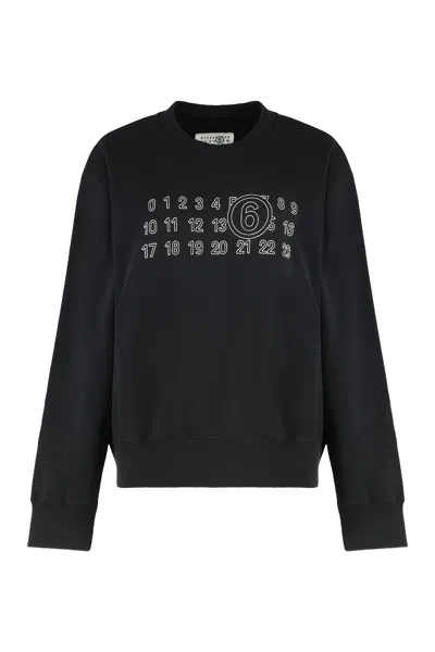 Mm6 Maison Margiela Graphic Black Cotton Sweatshirt With Contrasting Numeric Logo In Black