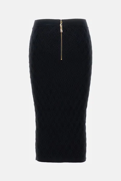 Elisabetta Franchi Black Diamond Knit Skirt With Jewel Detail In Black