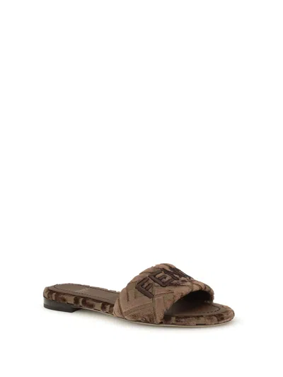 Fendi Sunshine Logo-embroidered Velvet Flat Sandals In Brown