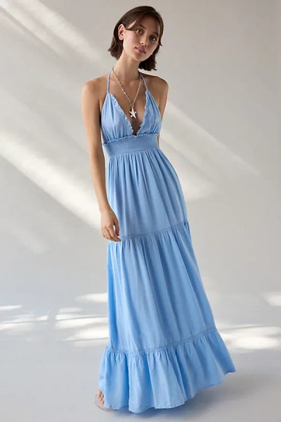 Kimchi Blue Phoebe Open-back Halter Tiered Maxi Dress In Blue, Women's At Urban Outfitters In Blue