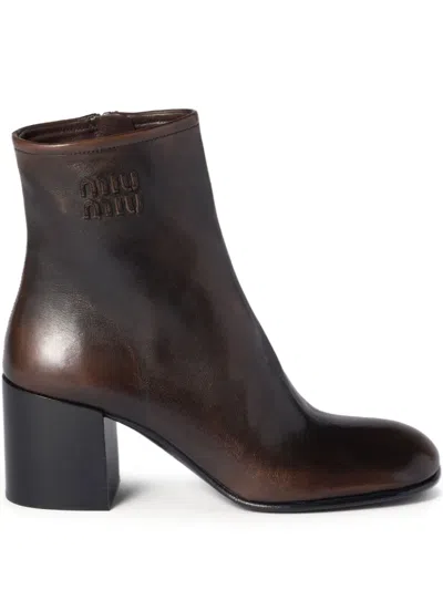 Miu Miu Block-heel Leather Boots In Brown
