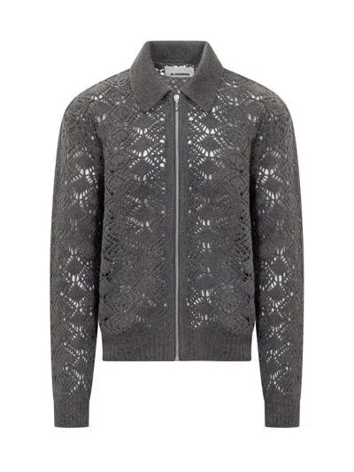 Jil Sander Collared Wool Cardigan With Textured Knit In Gray