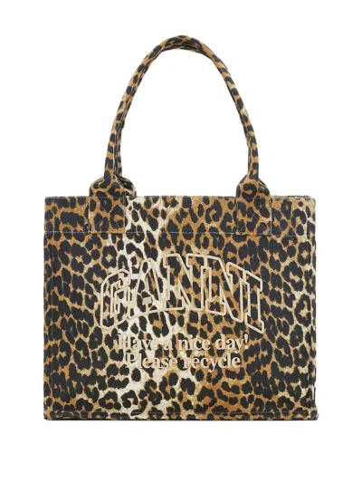 Ganni Brown Tote Bag With Graphic Print On The Front And All-over Leopard Motif In Cotton Woman In Animal Print