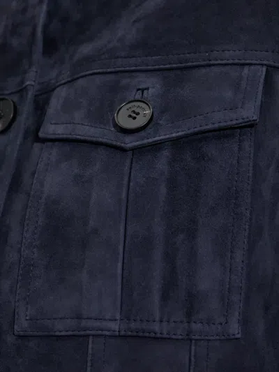 Self-portrait Flap-pocket Suede Jacket In Blue