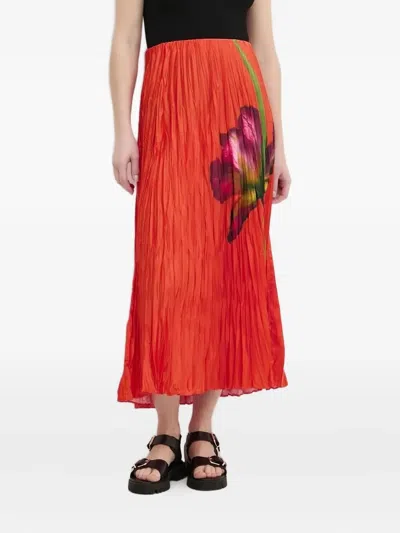 Desigual Floral Pleated Satin Maxi Skirt In Orange