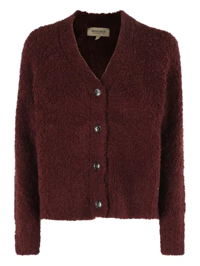 Woolrich Textured Boucle Cardigan With V-neckline And Long Sleeves In Red