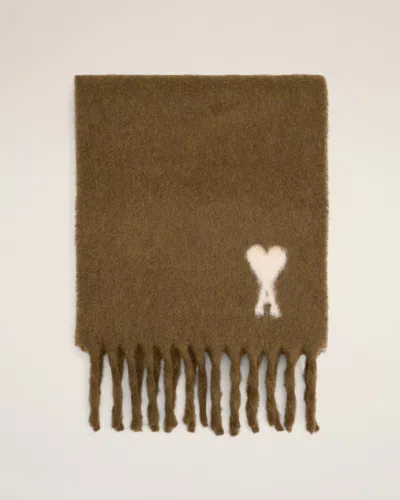 Ami Alexandre Mattiussi Brown Scarf With Adc Embroidery On The Front And Fringed Hem In Wool Blend Woman In Brown