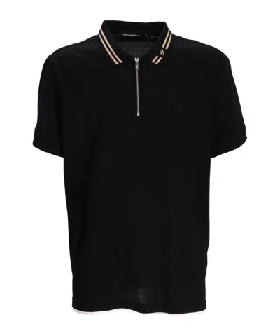 Karl Lagerfeld Zip Striped-collar Polo Shirt In Black