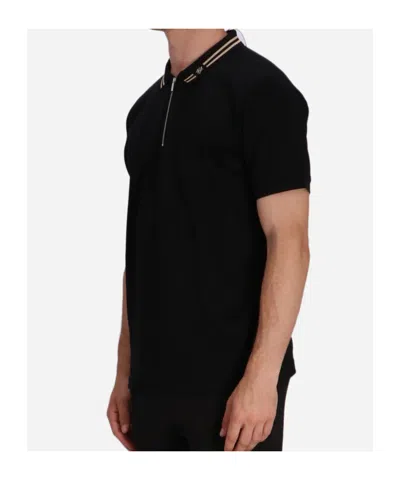 Karl Lagerfeld Zip Striped-collar Polo Shirt In Black