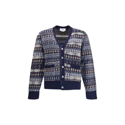 Thom Browne Multi-patterned V-neck Cardigan With Button-down Front In Blue