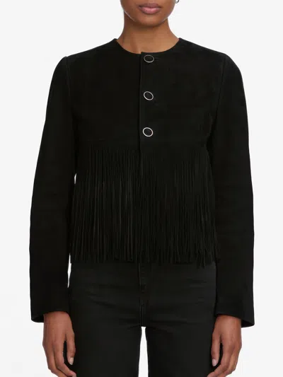 Frame Double-layered Fringed Leather Jacket In Black