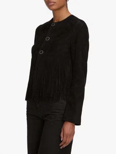 Frame Double-layered Fringed Leather Jacket In Black