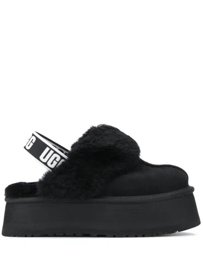 Ugg Black Leather Clog With Faux Fur And Elastic Back  In Black