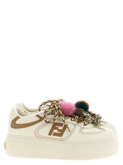 Fendi Match Low Top Platform In White Leather With Charm Women In Neutral