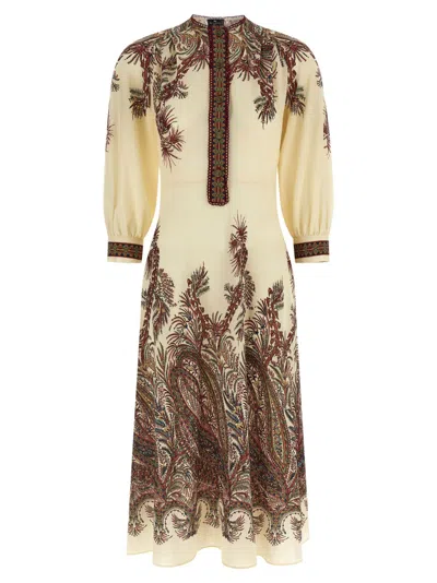 Etro Sable Midi Dress With Floral Paisley Print In Nude