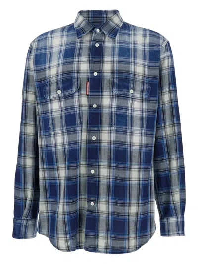 Dsquared2 Checked Pattern Shirt With Pockets And Collar In Blue