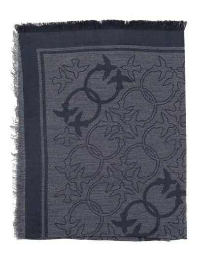 Pinko Viscose Blend Scarf With Love Birds Motif In Gray