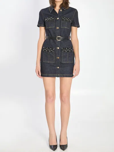 Self-portrait Indigo Denim Crystal Trim Mini Dress In Blue