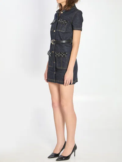 Self-portrait Indigo Denim Crystal Trim Mini Dress In Blue