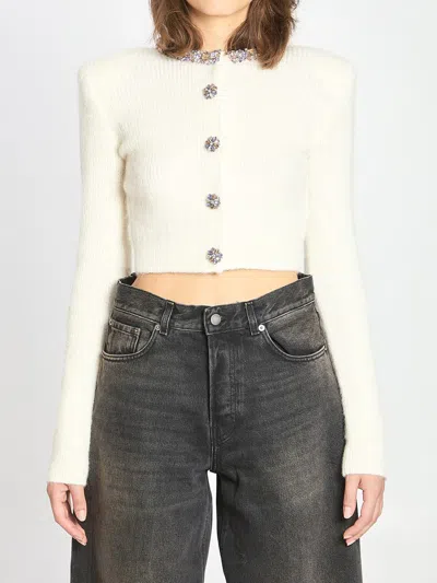 Self-portrait Whirw Cropped Crewneck Cardigan With Crystal Embellishments On Collar And Buttons In Wool Blend Woma In White