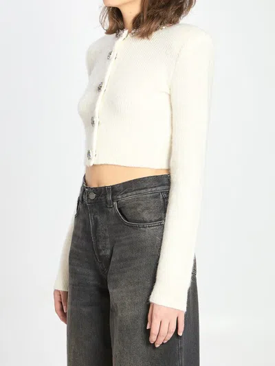 Self-portrait Whirw Cropped Crewneck Cardigan With Crystal Embellishments On Collar And Buttons In Wool Blend Woma In White