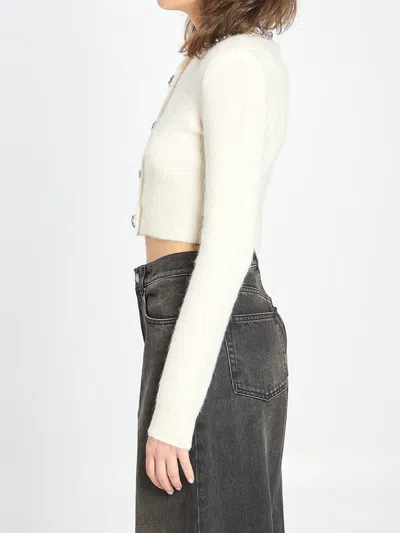 Self-portrait Whirw Cropped Crewneck Cardigan With Crystal Embellishments On Collar And Buttons In Wool Blend Woma In White