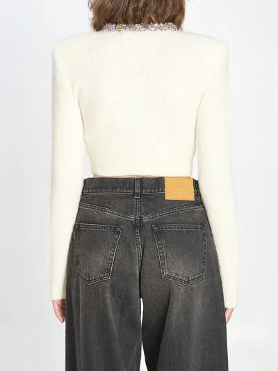 Self-portrait Whirw Cropped Crewneck Cardigan With Crystal Embellishments On Collar And Buttons In Wool Blend Woma In White