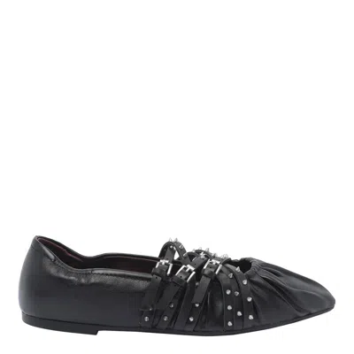 Ash Pointed Toe Leather Ballerina Shoes With Buckles And Studs In Black