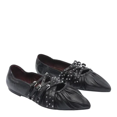 Ash Pointed Toe Leather Ballerina Shoes With Buckles And Studs In Black