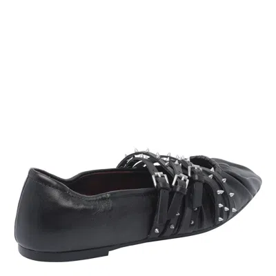 Ash Pointed Toe Leather Ballerina Shoes With Buckles And Studs In Black