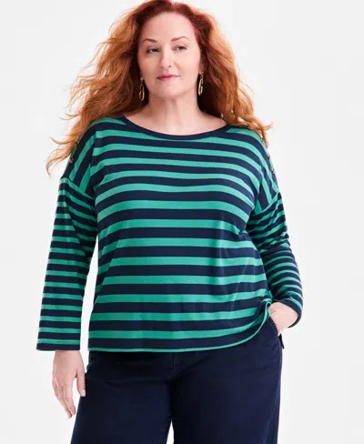 Style & Co Plus Size Button-trim Striped Knit Top, Macy's Exclusive In Green