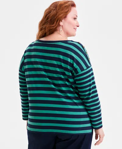 Style & Co Plus Size Button-trim Striped Knit Top, Macy's Exclusive In Green