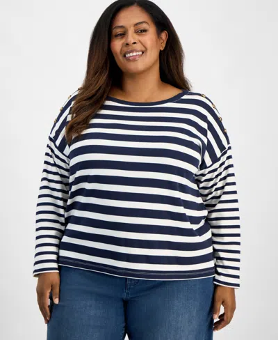Style & Co Plus Size Button-trim Striped Knit Top, Macy's Exclusive In Blue
