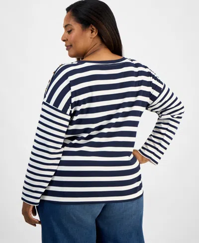 Style & Co Plus Size Button-trim Striped Knit Top, Macy's Exclusive In Blue