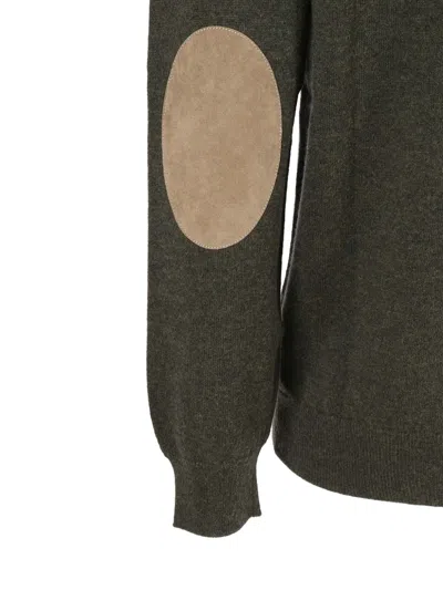 Kangra Cashmere Basic Crew Neck Sweater With Alcantara Patches In Green