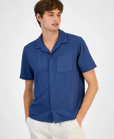 Sun + Stone Men's Textured Chevron Knit Short Sleeve Button-front Camp Shirt, Created For Macy's In Blue