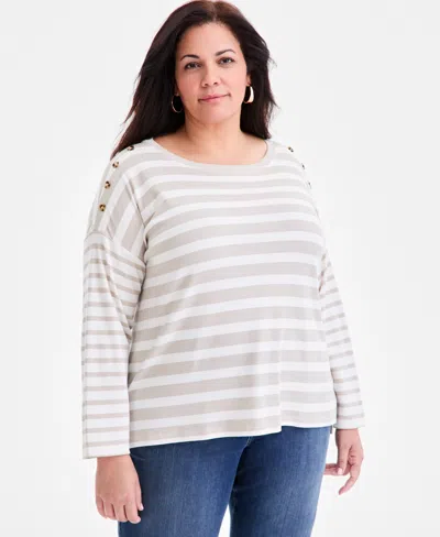 Style & Co Plus Size Button-trim Striped Knit Top, Macy's Exclusive In Neutral