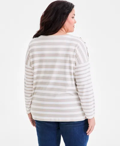 Style & Co Plus Size Button-trim Striped Knit Top, Macy's Exclusive In Neutral