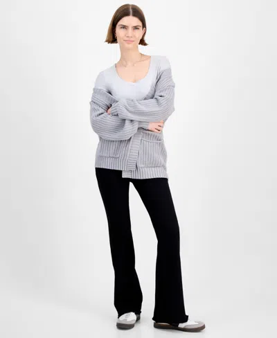 Hippie Rose Juniors' Open-front Pointelle-knit Cardigan In Gray