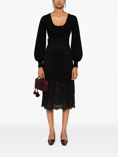 Twinset Robe Midi En Maille Et Dentelle In Black