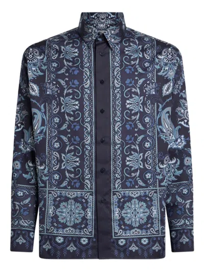 Etro Printed Cotton Shirt In Blue