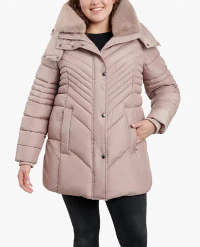 London Fog Plus Size Zip-front Hooded Puffer Jacket With Button-off Fur Collar In Rosewood In Pink