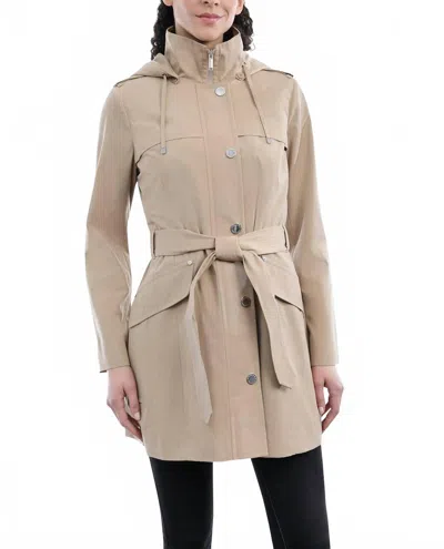 London Fog Zip Front Hooded Trench With Belt In British Khaki In Brown